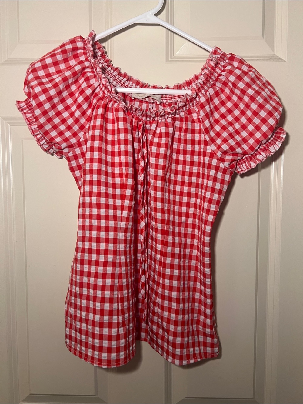 Red & White Gingham Off-Shoulder Peasant Blouse